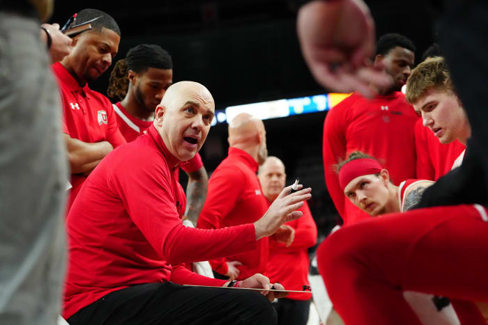 Mar 14, 2024; Las Vegas, NV, USA; Utah Utes head coach Craig Smith talks to players during the second half against the Colorado Buffaloes at T-Mobile Arena. Mandatory Credit: Stephen R. Sylvanie-USA TODAY Sports